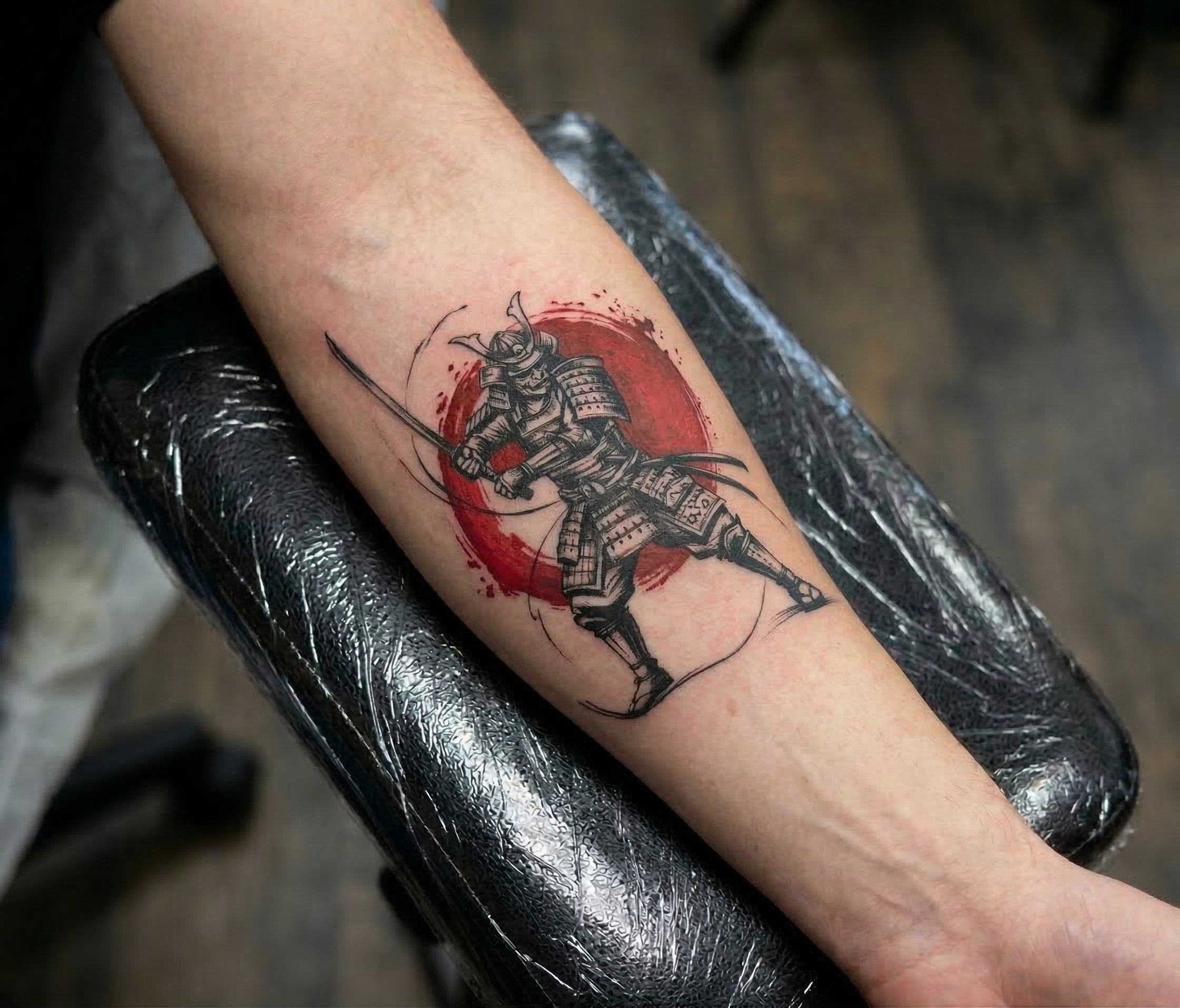 Samurai with Red Sun Tattoo